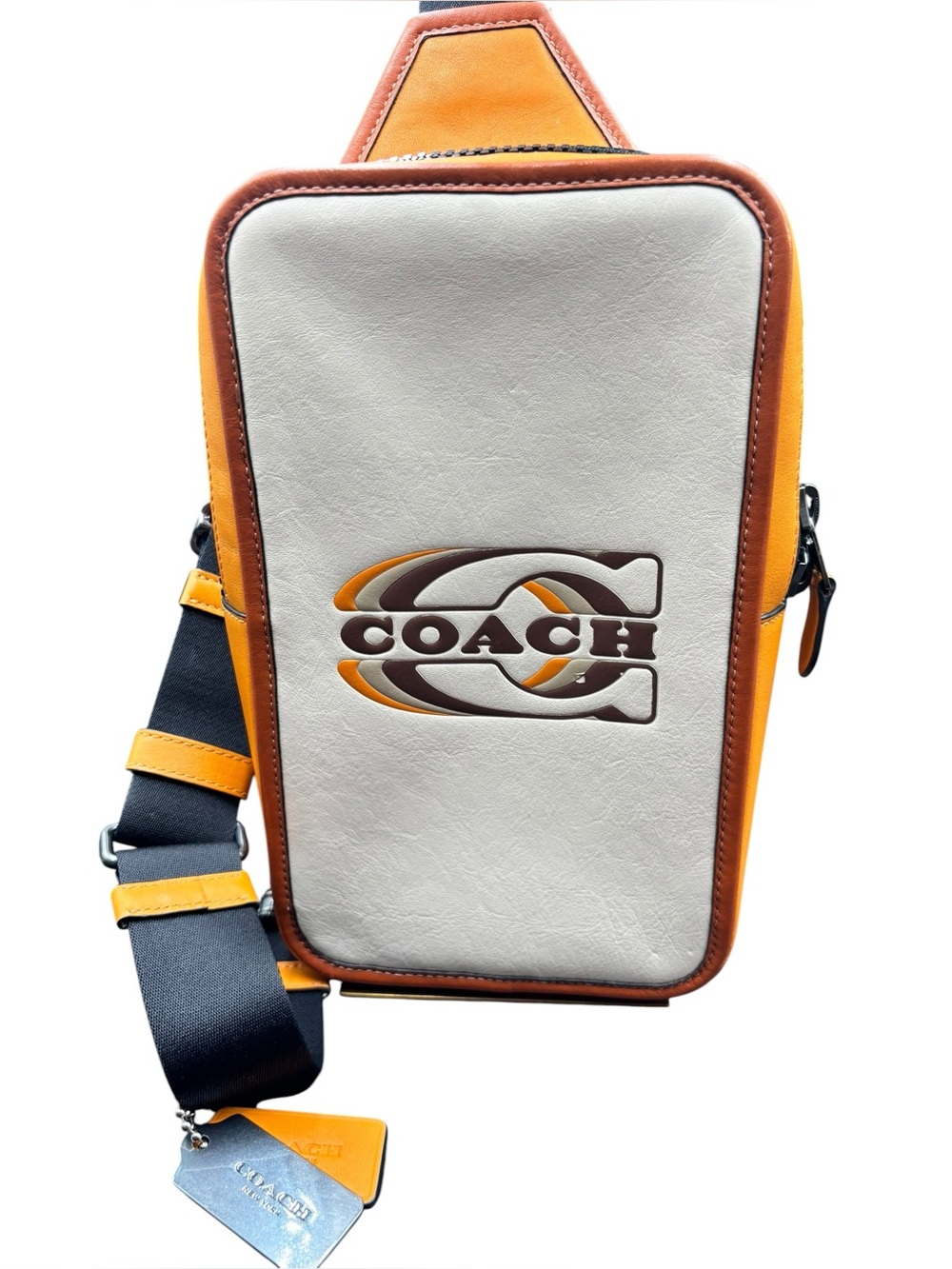 COACH CAJ39 Racer Sling Pack Varsity Motif Orange Chalk Leather Crossbody